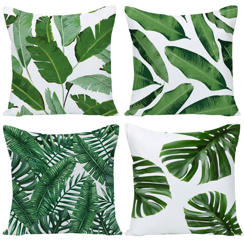 EZVING Pack of 4 Green Tropical Leaves Throw Pillow Cover Summer Palm Tree Leaf Outdoor Decorative Linen Square Cushion Cover with Hidden Zipper for Sofa Bed Couch Car Living Room Decor 18x18 Inch - Image 1